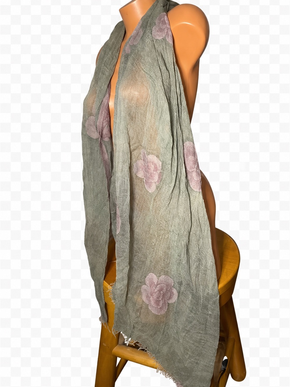 Olive Green Scarf Pink Floral Design 74” x 25” Thin Lightweight